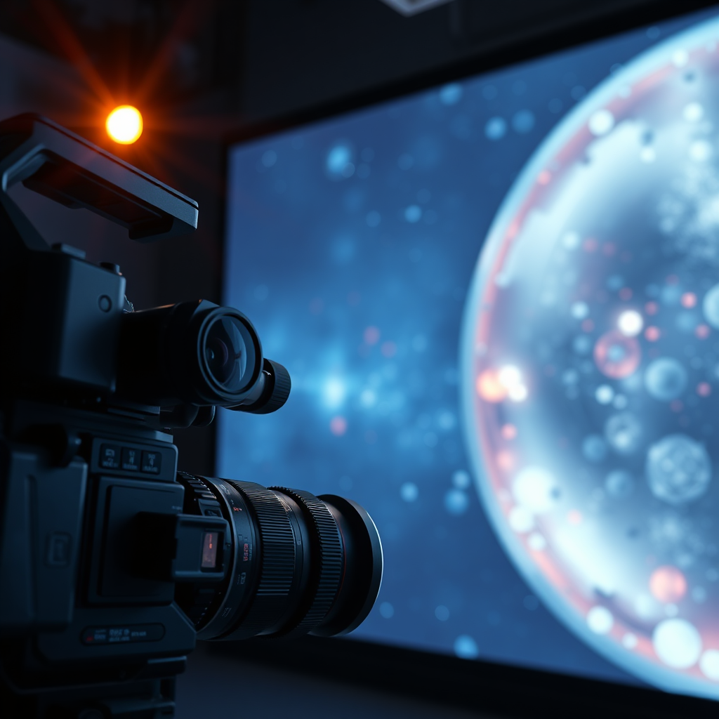 Camera rig in a dim studio with display glow